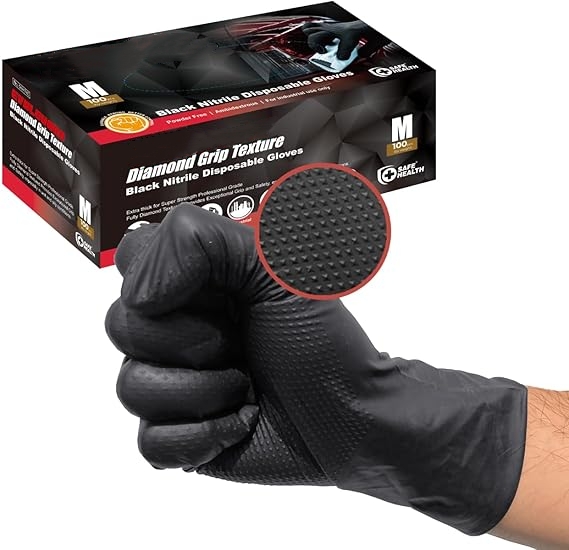 Nitrile Mechanic Glove - Luvas de nitrilo pretas descartáveis, 8